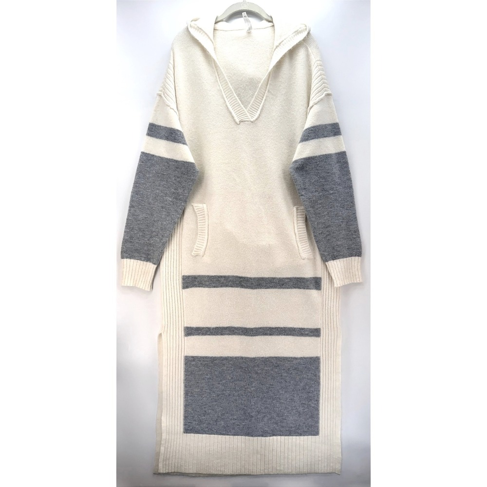 Daily Practice Hooded Sweater Dress L Cream Gray Striped Lagenlook Cottagecore